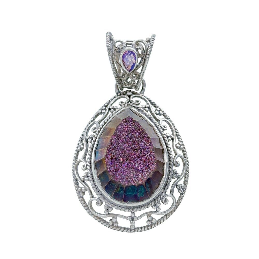 Vintage Sajen Sterling Silver 925 Purple Quartz Druzy Topaz Accent Pendant